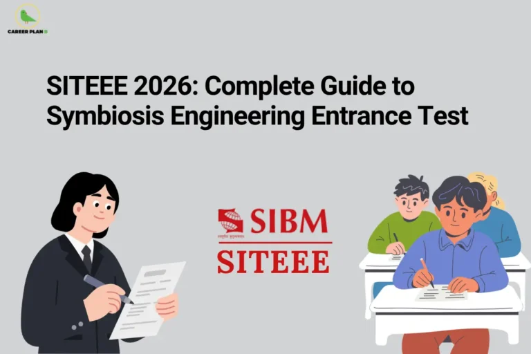 this image contains a career guidance banner titled “SITEEE 2026: Complete Guide to Symbiosis Engineering Entrance Test” with the Career Plan B logo at top left, showing a person in formal attire reviewing a document, the “SIBM SITEEE” text logo in the center, and students writing an exam at desks, representing entrance test preparation, evaluation, and engineering admission process