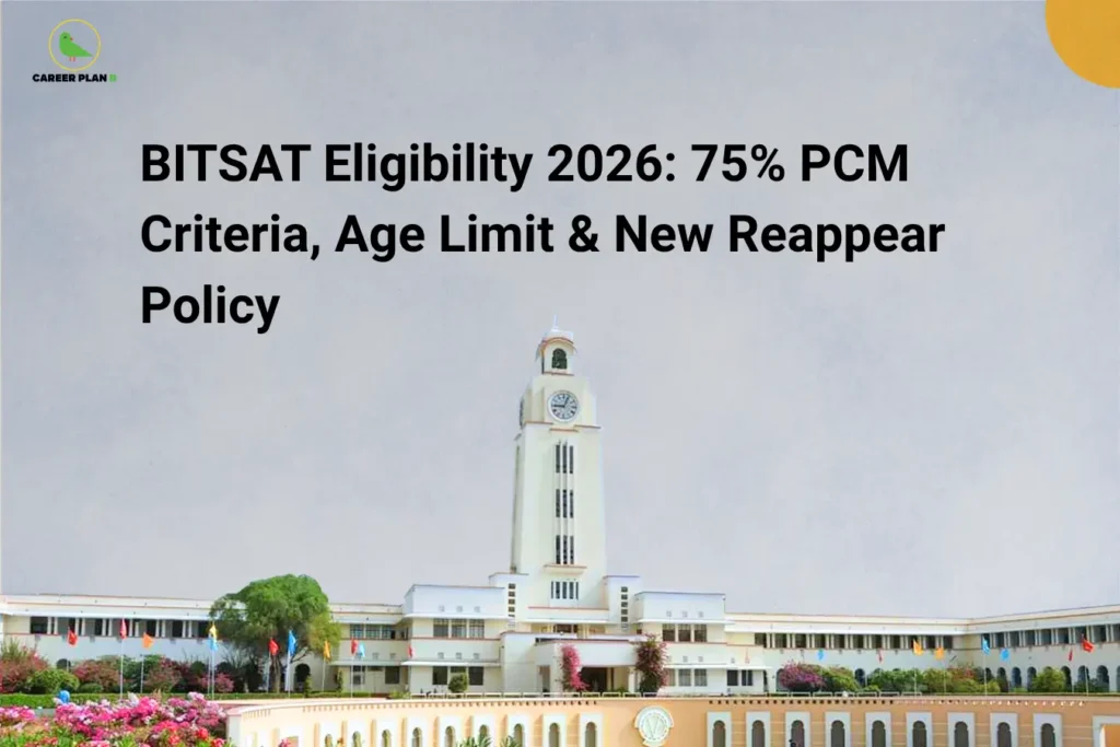 this image contains a career guidance banner titled “BITSAT Eligibility 2026: 75% PCM Criteria, Age Limit & New Reappear Policy” with the Career Plan B logo at top left, showing the BITS Pilani campus with a central clock tower, landscaped gardens, and flags, representing eligibility criteria, academic requirements, and admission rules for the BITSAT 2026 engineering entrance exam