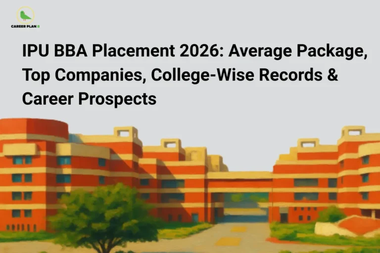 this image contains a career guidance banner titled “IPU BBA Placement 2026: Average Package, Top Companies, College-Wise Records & Career Prospects” with the Career Plan B logo at top left, showing a large red-and-cream university campus building with trees and a pathway in front, representing college placements, business education, and career opportunities for IPU BBA students