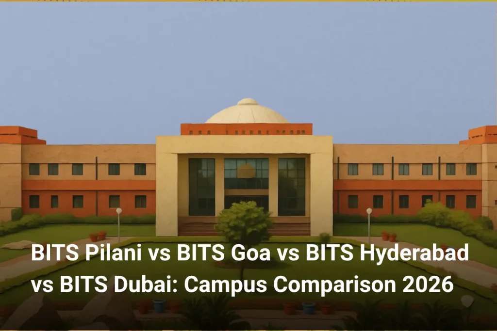 this image contains a career guidance banner titled “BITS Pilani vs BITS Goa vs BITS Hyderabad vs BITS Dubai: Campus Comparison 2026” showing a symmetrical BITS campus building with a central dome, glass entrance, landscaped garden, pathways, and potted plants, representing a comparison of campuses, infrastructure, and student experience across BITS institutions