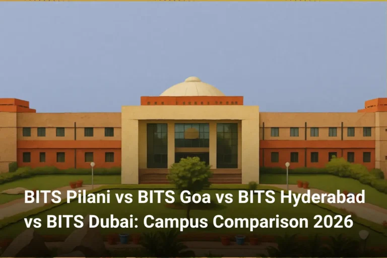 this image contains a career guidance banner titled “BITS Pilani vs BITS Goa vs BITS Hyderabad vs BITS Dubai: Campus Comparison 2026” showing a symmetrical BITS campus building with a central dome, glass entrance, landscaped garden, pathways, and potted plants, representing a comparison of campuses, infrastructure, and student experience across BITS institutions