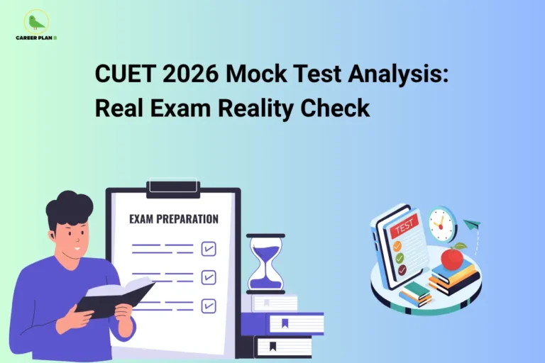The Career Plan B logo, featuring a green bird inside a yellow circle with the brand name below it, appears in the top-left corner. The image is titled "CUET 2026 Mock Test Analysis: Real Exam Reality Check" and features an illustration of a student studying beside an exam preparation checklist, books, and an hourglass, along with a digital mock test interface displaying study materials, a clock, and an apple, representing mock test evaluation and exam readiness for CUET 2026.