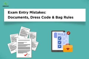 The Career Plan B logo, featuring a green bird inside a yellow circle with the brand name below it, appears in the top-left corner. The image is titled "Exam Entry Mistakes: Documents, Dress Code & Bag Rules" and features illustrations of important exam documents with a verification checkmark alongside a digital checklist labeled "Rules" and a bag icon, highlighting common exam entry mistakes related to required documents, dress code, and permitted belongings.