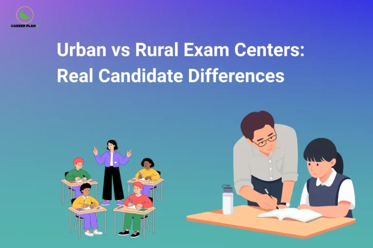 The Career Plan B logo, featuring a green bird inside a yellow circle with the brand name below it, appears in the top-left corner. The image is titled "Urban vs Rural Exam Centers: Real Candidate Differences" and features illustrations of students taking an exam in a classroom on one side and a teacher assisting a student individually on the other, representing a comparison of experiences and challenges faced by candidates at urban and rural exam centers.