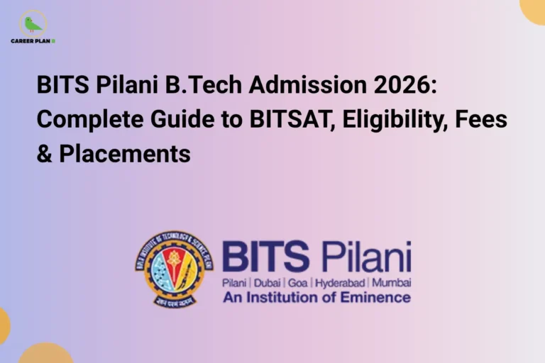 this image contains a career guidance banner titled “BITS Pilani B.Tech Admission 2026: Complete Guide to BITSAT, Eligibility, Fees & Placements” with the Career Plan B logo at top left, featuring the BITS Pilani logo with text “Pilani | Dubai | Goa | Hyderabad | Mumbai – An Institution of Eminence” on a gradient background, representing engineering admissions, entrance exam details, eligibility criteria, fee structure, and placement insights at BITS Pilani