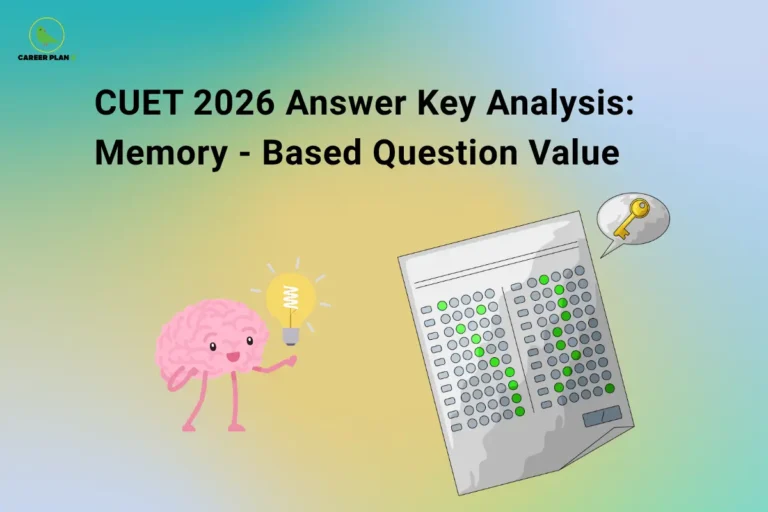 The Career Plan B logo, featuring a green bird inside a yellow circle with the brand name below it, appears in the top-left corner. The image is titled "CUET 2026 Answer Key Analysis: Memory-Based Question Value" and features an illustration of a brain holding a glowing light bulb beside an OMR answer sheet with marked responses and a key icon, representing the importance of memory-based questions in analyzing the CUET 2026 answer key and estimating exam performance.