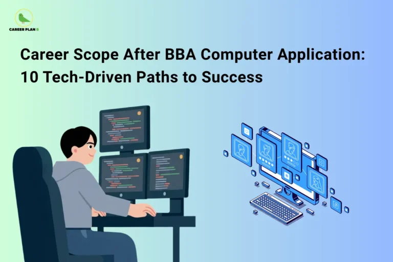 The image features the Career Plan B logo in the top-left corner and the title "Career Scope After BBA Computer Application: 10 Tech-Driven Paths to Success" displayed prominently in bold black text across the upper portion of the image. The background consists of a soft gradient transitioning from light green to light blue. On the left side, an illustration shows a professional seated at a workstation with multiple computer monitors displaying lines of code, representing software development, programming, and technology-related careers. On the right side, a modern digital interface graphic depicts computer screens, user profiles, and connected digital elements, symbolizing information technology, software systems, data management, and digital transformation. The visual highlights the diverse technology-focused career opportunities available after completing a BBA in Computer Applications. It conveys themes of digital skills, IT-enabled business roles, software and systems management, and emerging tech-driven career paths that combine business knowledge with technical expertise.