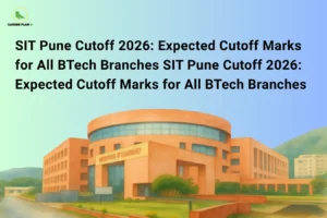 this image contains a career guidance banner titled “SIT Pune Cutoff 2026: Expected Cutoff Marks for All BTech Branches SIT Pune Cutoff 2026: Expected Cutoff Marks for All BTech Branches” with the Career Plan B logo at top left, showing a large modern campus building labeled “Institute of Technology” with greenery and pathways, representing engineering admissions, cutoff trends, and BTech eligibility at SIT Pune