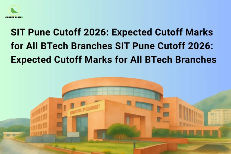 this image contains a career guidance banner titled “SIT Pune Cutoff 2026: Expected Cutoff Marks for All BTech Branches SIT Pune Cutoff 2026: Expected Cutoff Marks for All BTech Branches” with the Career Plan B logo at top left, showing a large modern campus building labeled “Institute of Technology” with greenery and pathways, representing engineering admissions, cutoff trends, and BTech eligibility at SIT Pune