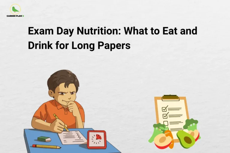The Career Plan B logo, featuring a green bird inside a yellow circle with the brand name below it, appears in the top-left corner. The image is titled "Exam Day Nutrition: What to Eat and Drink for Long Papers". On the left, an illustration shows a student writing an exam with a pencil, looking focused and thoughtful, while a small timer sits on the desk beside the exam paper. On the right, a clipboard with a checklist is surrounded by healthy foods such as broccoli, carrots, avocado, apples, and other fruits and vegetables, representing balanced nutrition. The visual highlights the importance of proper food and hydration to maintain focus, energy, and concentration during long examination sessions.