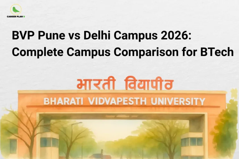 A banner titled “BVP Pune vs Delhi Campus 2026: Complete Campus Comparison for BTech,” featuring the entrance gate of Bharati Vidyapeeth University. The image highlights a detailed comparison between Pune and Delhi campuses, helping students evaluate factors like academics, placements, infrastructure, and overall campus experience for engineering admissions.