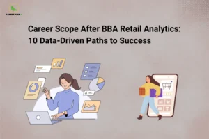 The image displays the Career Plan B logo in the top-left corner and the title "Career Scope After BBA Retail Analytics: 10 Data-Driven Paths to Success" in large bold black text across the upper section. The background has a soft beige-gray textured appearance with subtle dotted design elements in the top-right corner. On the left side, an illustration shows a professional working on a laptop surrounded by charts, graphs, reports, and analytics dashboards. These visual elements represent data analysis, business intelligence, reporting, market insights, and decision-making based on retail data. On the right side, a graphic depicts a shopper carrying packages while standing in front of a large smartphone displaying an online shopping interface. The screen includes a shopping cart, product listings, ratings, and e-commerce elements, symbolizing modern retail technology, digital commerce, customer behavior tracking, and online retail operations. The overall design highlights the blend of retail business knowledge and analytical skills developed through a BBA in Retail Analytics. It emphasizes career opportunities in retail data analysis, e-commerce strategy, consumer insights, merchandising analytics, inventory management, and data-driven retail decision-making.