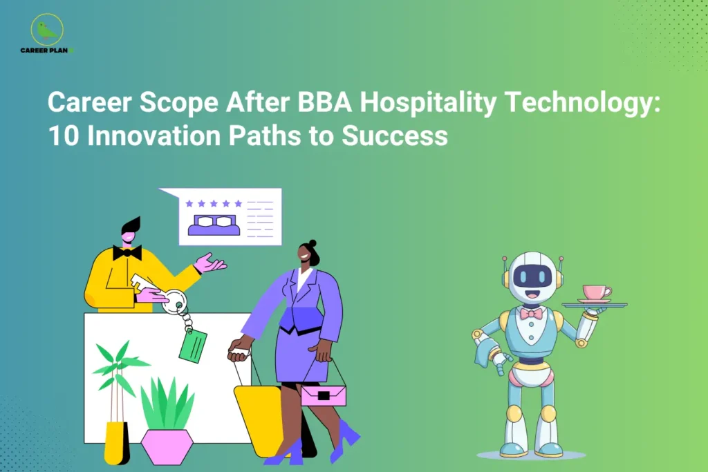 The Career Plan B logo appears in the top-left corner, featuring a green bird inside a yellow circle with the brand name below it. The image is titled "Career Scope After BBA Hospitality Technology: 10 Innovation Paths to Success" and shows a hotel receptionist assisting a guest, a traveler with luggage, and a service robot serving a drink, representing hospitality technology, automation, and career opportunities in the industry.
