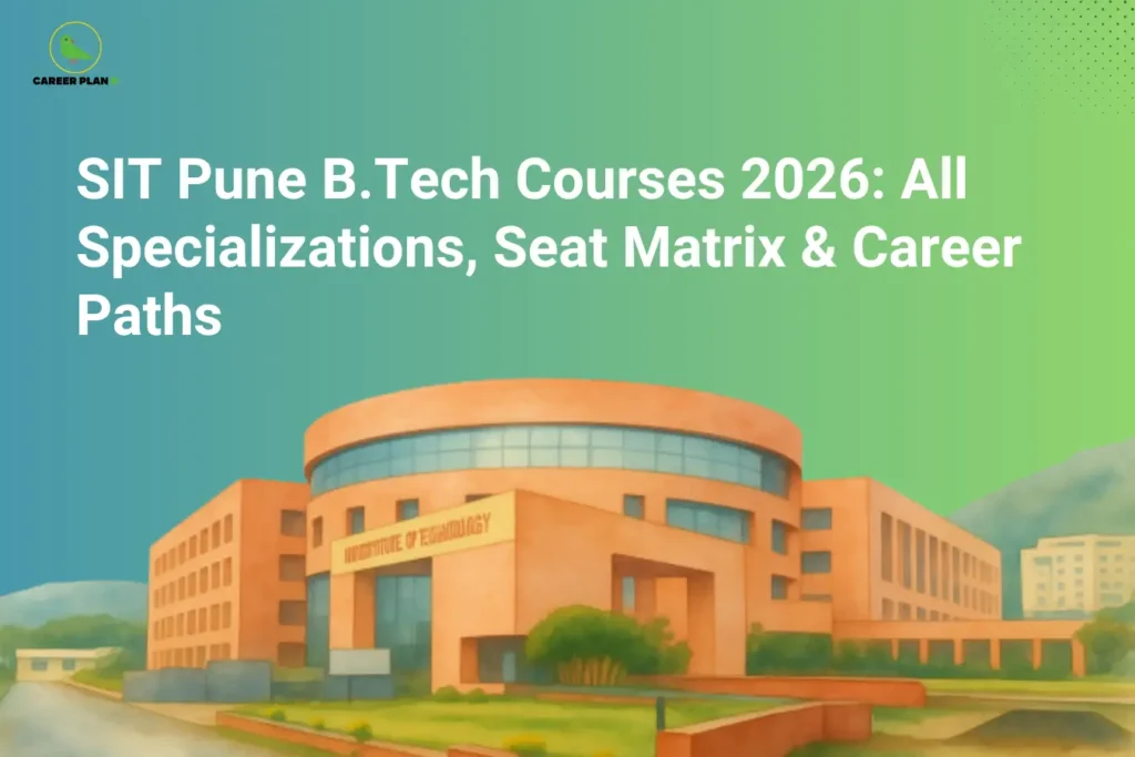 this image contains a career guidance banner titled “SIT Pune B.Tech Courses 2026: All Specializations, Seat Matrix & Career Paths” with the Career Plan B logo at top left, showing a modern campus building labeled “Institute of Technology” with surrounding greenery and pathways, representing engineering courses, specializations, and career options at SIT Pune