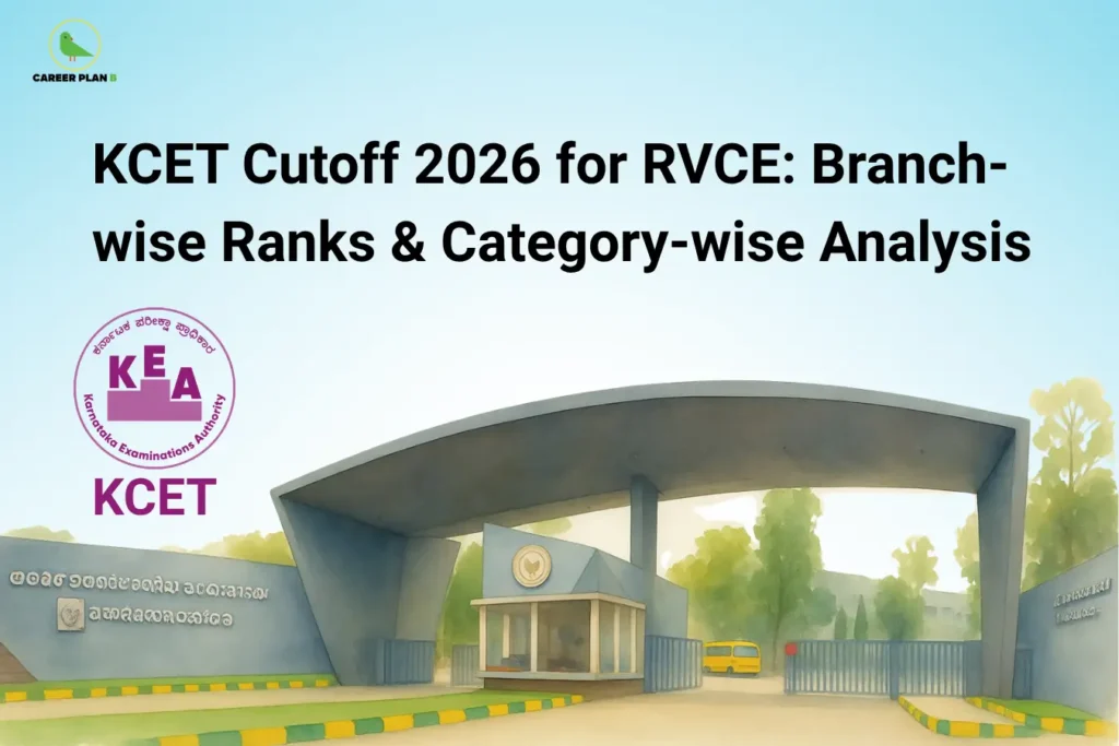Career Plan B infographic titled "KCET Cutoff 2026 for RVCE: Branch-wise Ranks & Category-wise Analysis" featuring the RV College of Engineering entrance gate and the official Karnataka Examinations Authority (KEA) KCET logo.