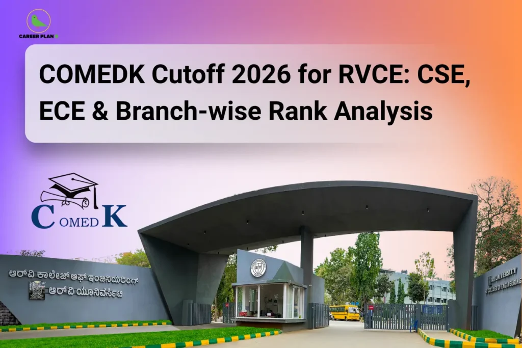 Career Plan B infographic titled "COMEDK Cutoff 2026 for RVCE: CSE, ECE & Branch-wise Rank Analysis" featuring the main entrance gate of RV College of Engineering and the official COMEDK logo.