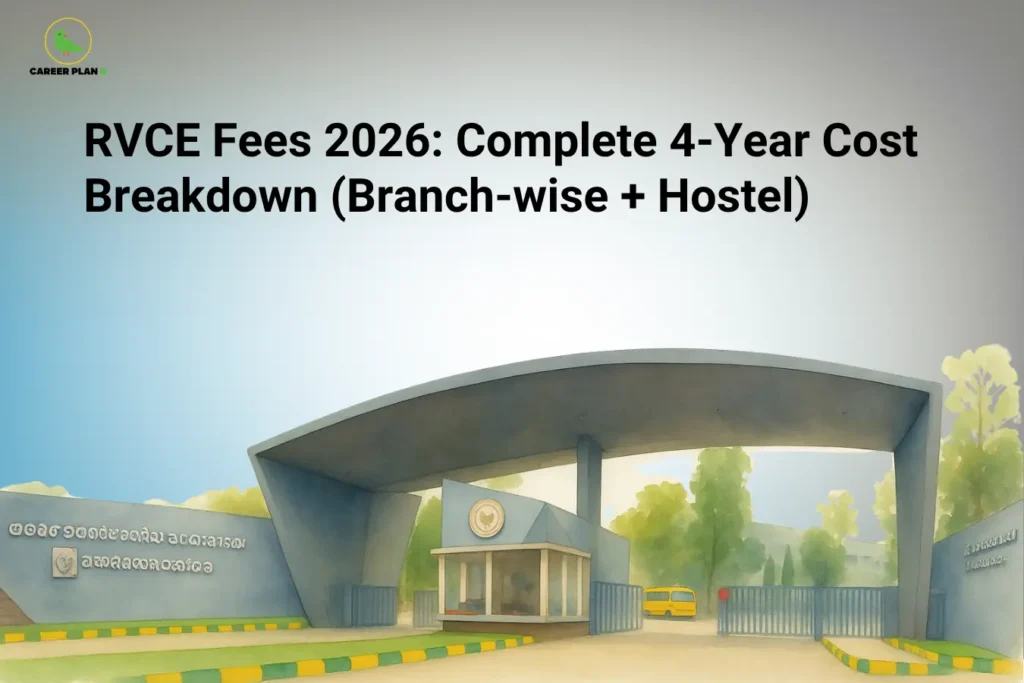 Career Plan B infographic titled "RVCE Fees 2026: Complete 4-Year Cost Breakdown (Branch-wise + Hostel)" featuring the RV College of Engineering campus entrance.