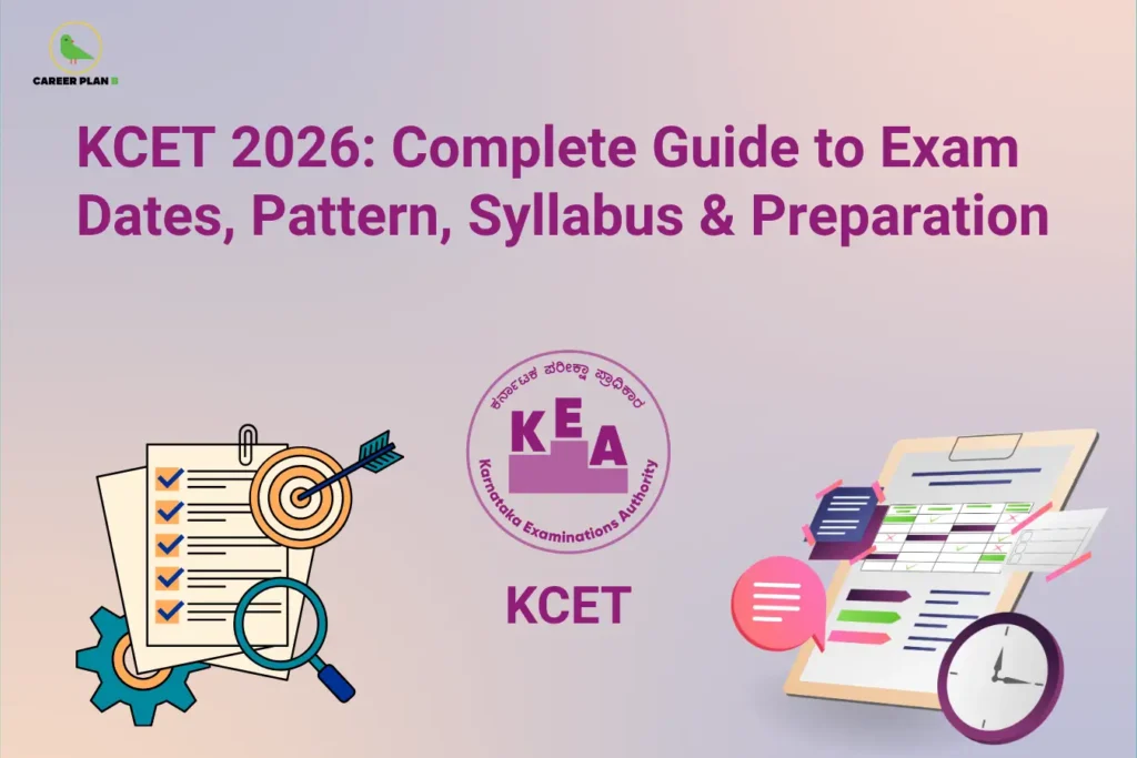 Career Plan B infographic titled "KCET 2026: Complete Guide to Exam Dates, Pattern, Syllabus & Preparation" featuring icons for a target checklist, a study schedule, and the official Karnataka Examinations Authority (KEA) logo.
