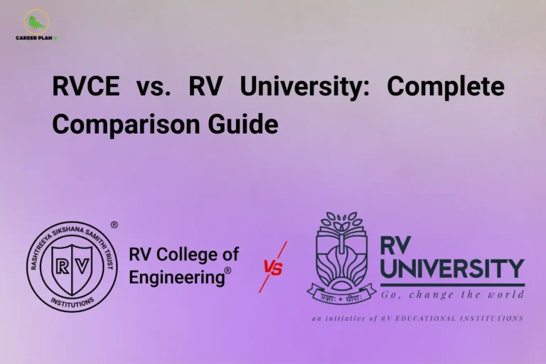 Career Plan B infographic titled "RVCE vs. RV University: Complete Comparison Guide" featuring the official logos of RV College of Engineering and RV University side-by-side on a purple gradient background.