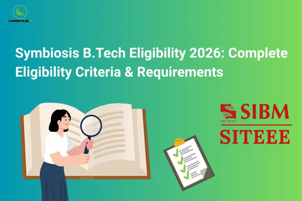 this image contains a career guidance banner titled “Symbiosis B.Tech Eligibility 2026: Complete Eligibility Criteria & Requirements” with the Career Plan B logo at top left, showing a student using a magnifying glass over an open book, a checklist clipboard with green ticks, and the “SIBM SITEEE” logo on the right, representing eligibility verification, requirements, and entrance exam criteria for Symbiosis B.Tech 2026