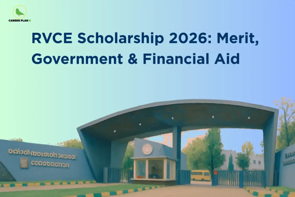 Career Plan B infographic titled "RVCE Scholarship 2026: Merit, Government & Financial Aid" featuring a stylized, illustrated view of the RV College of Engineering entrance gate under a clear blue sky.