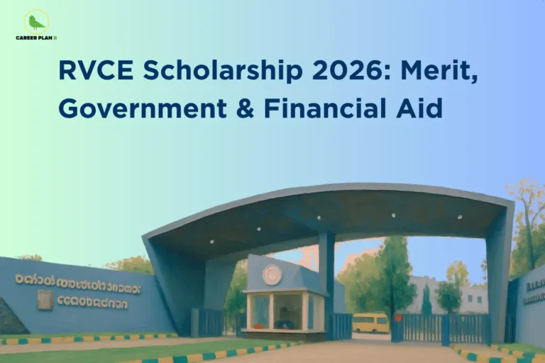 Career Plan B infographic titled "RVCE Scholarship 2026: Merit, Government & Financial Aid" featuring a stylized, illustrated view of the RV College of Engineering entrance gate under a clear blue sky.