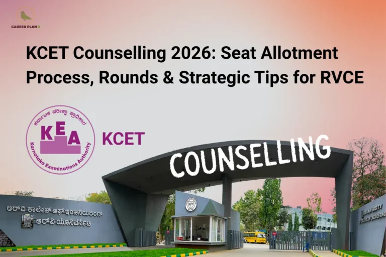 Career Plan B infographic titled "KCET Counselling 2026: Seat Allotment Process, Rounds & Strategic Tips for RVCE" featuring the entrance gate of RV College of Engineering and the official KEA KCET logo.