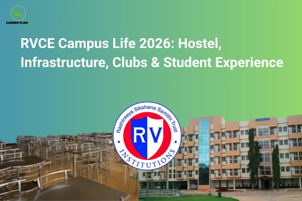 Career Plan B infographic titled "RVCE Campus Life 2026: Hostel, Infrastructure, Clubs & Student Experience" featuring the official RV Institutions logo, a view of the college cafeteria seating, and a modern multi-story hostel building.