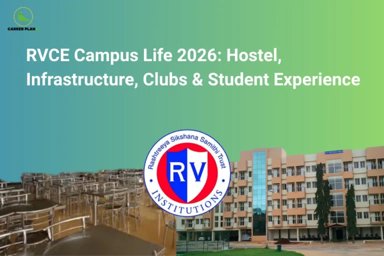 Career Plan B infographic titled "RVCE Campus Life 2026: Hostel, Infrastructure, Clubs & Student Experience" featuring the official RV Institutions logo, a view of the college cafeteria seating, and a modern multi-story hostel building.