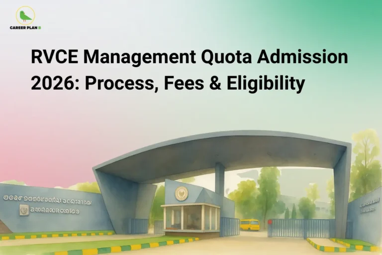 Career Plan B infographic titled "RVCE Management Quota Admission 2026: Process, Fees & Eligibility" featuring a stylized illustration of the RV College of Engineering entrance gate.
