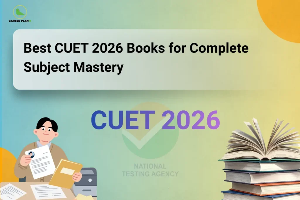 CUET 2026 books for subject mastery with Career Plan B logo, student illustration, and stacked books.