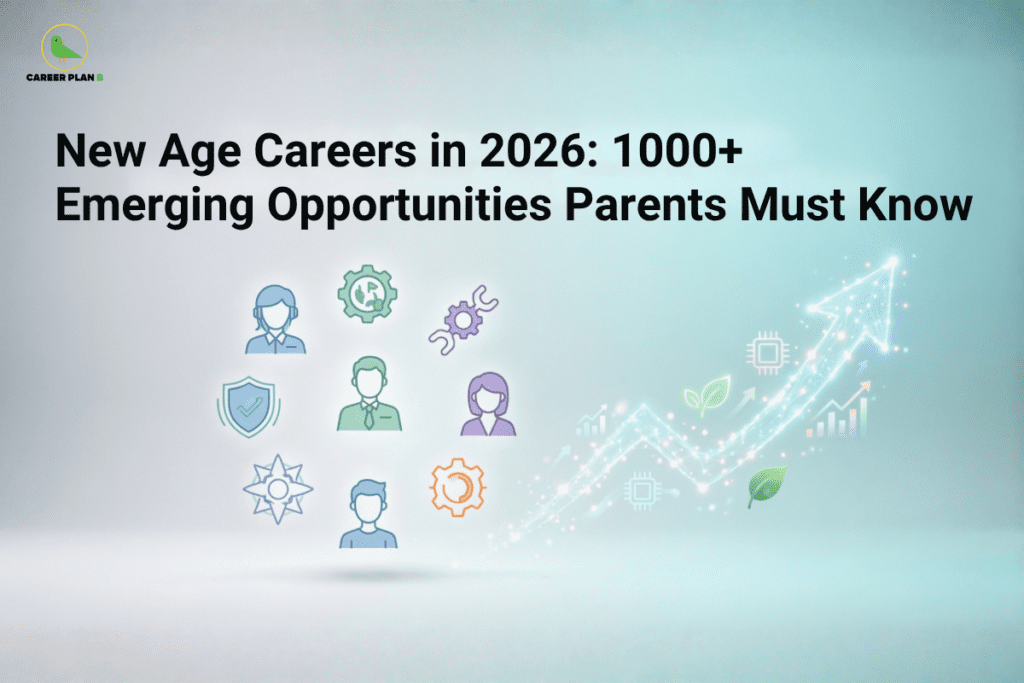Career Plan B infographic titled "New Age Careers in 2026: 1000+ Emerging Opportunities Parents Must Know" featuring icons of professionals surrounded by technology, safety, and gear symbols, next to a glowing, upward-trending arrow embedded with digital and green energy icons.