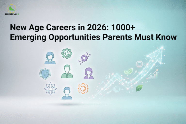 Career Plan B infographic titled "New Age Careers in 2026: 1000+ Emerging Opportunities Parents Must Know" featuring icons of professionals surrounded by technology, safety, and gear symbols, next to a glowing, upward-trending arrow embedded with digital and green energy icons.