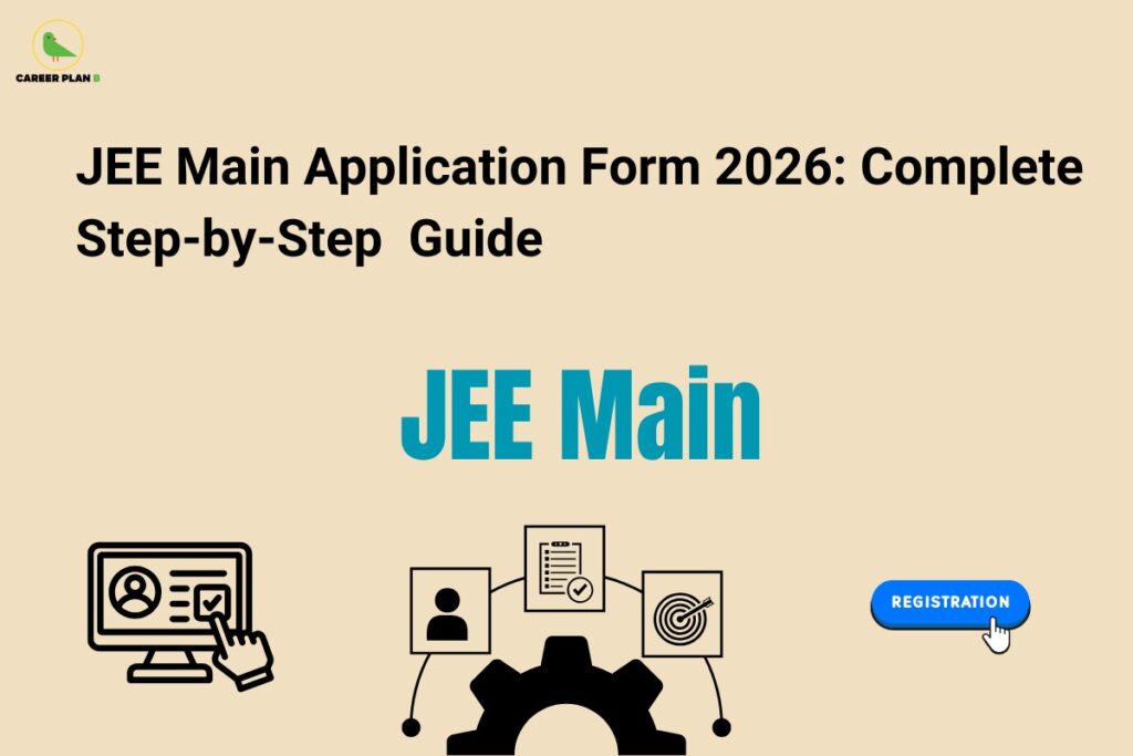 this image contains a beige educational banner with the heading “JEE Main Application Form 2026: Complete Step-by-Step Guide,” Career Plan B logo at top left, large “JEE Main” text at center, and icons below showing an online form on a computer screen, a user profile, checklist, gear process, target symbol, and a blue “REGISTRATION” button, representing exam registration steps and application process guidance