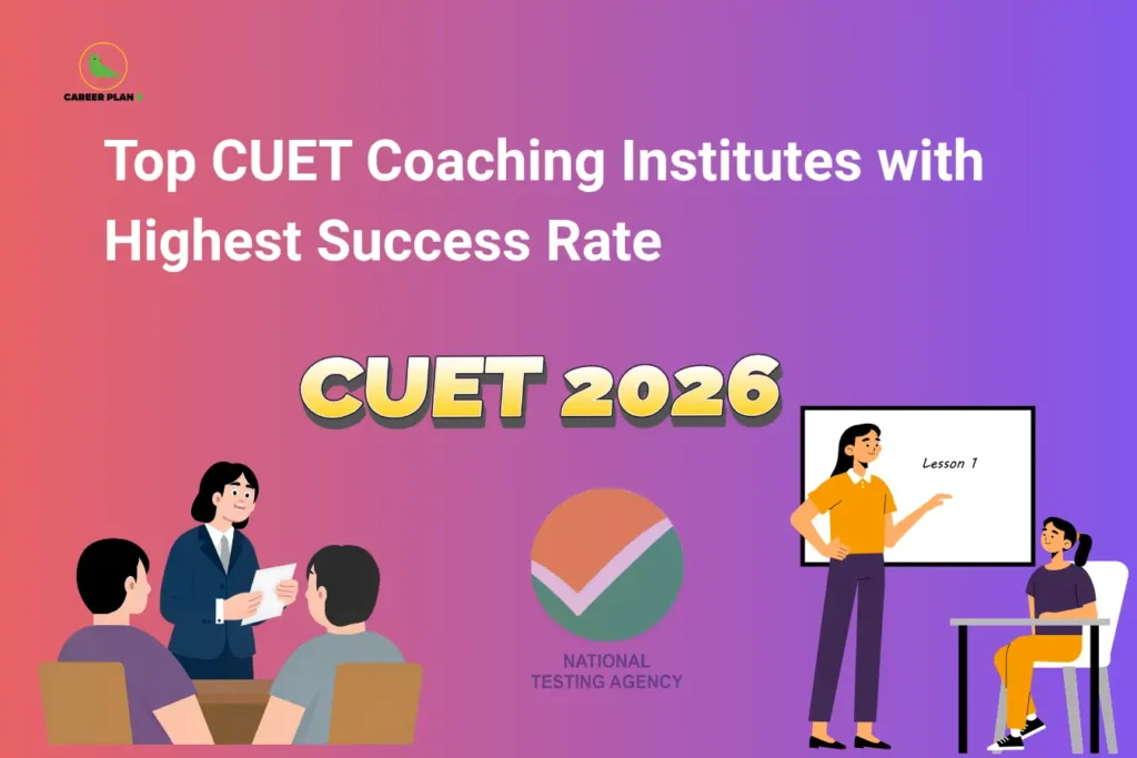 An infographic titled "Top CUET Coaching Institutes with Highest Success Rate" highlighting the top cuet coaching institutes in india, featuring an illustration of a female tutor standing by a whiteboard explaining a lesson to a student on the right, and an advisor conducting a small group counseling session on the left, next to the official National Testing Agency logo on a purple-to-pink gradient background.