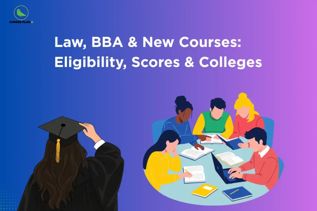 The Career Plan B logo, featuring a green bird inside a yellow circle, appears in the top-left corner. The image headline reads "Law, BBA & New Courses: Eligibility, Scores & Colleges" in large, bold white text against a blue-to-purple gradient background. On the left, an illustration shows a graduate wearing a black academic gown and mortarboard, symbolizing higher education and career aspirations. On the right, a group of students is gathered around a table, studying together with books, notebooks, and a laptop, representing academic preparation and college admissions. The overall design promotes an informational guide that explains eligibility criteria, required scores, and suitable colleges for Law, BBA, and emerging undergraduate courses through CUET and other admission pathways.