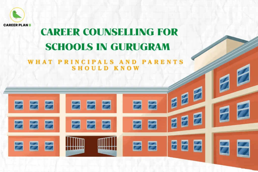 Career Plan B infographic titled "CAREER COUNSELLING FOR SCHOOLS IN GURUGRAM" featuring a secondary headline "WHAT PRINCIPALS AND PARENTS SHOULD KNOW", with an illustration of a red, multi-story school building on a crinkled white paper background.