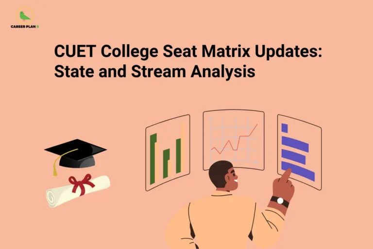 The Career Plan B logo, featuring a green bird inside a yellow circle, appears in the top-left corner. The image headline reads "CUET College Seat Matrix Updates: State and Stream Analysis" in large, bold black text on a light peach background. Below the title, an illustration shows a graduation cap and rolled diploma on the left, symbolizing higher education. On the right, a student is viewing three analytical charts—a bar graph, a line graph, and a horizontal bar chart—representing seat distribution and admission trends. The design conveys a guide focused on analyzing the latest CUET college seat matrix updates across different states and academic streams, helping students understand seat availability and make informed admission decisions.