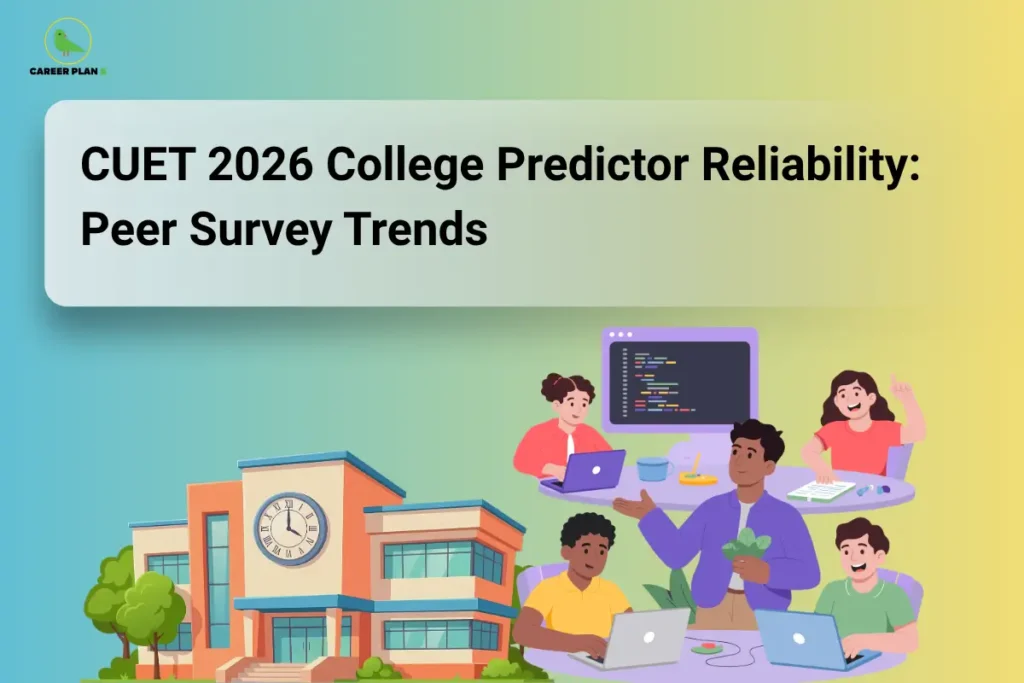 The Career Plan B logo, featuring a green bird inside a yellow circle, appears in the top-left corner. The image headline reads "CUET 2026 College Predictor Reliability: Peer Survey Trends" in large, bold black text inside a white rounded rectangular banner on a soft blue-to-yellow gradient background. At the bottom left, there is an illustration of a college building with a clock on its front facade, representing educational institutions. On the right, a group of students is shown collaborating with laptops and a desktop computer displaying code, symbolizing peer discussions, surveys, and data analysis. The overall design represents a guide evaluating the reliability of CUET 2026 college predictor tools based on student experiences, peer survey trends, and collective feedback to help aspirants make informed admission decisions.