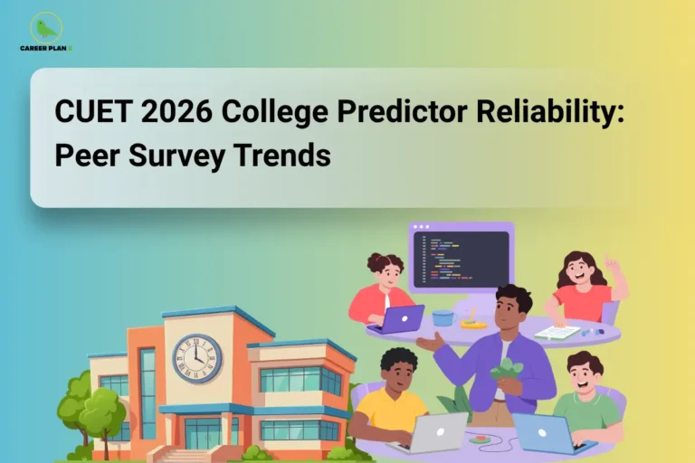 The Career Plan B logo, featuring a green bird inside a yellow circle, appears in the top-left corner. The image headline reads "CUET 2026 College Predictor Reliability: Peer Survey Trends" in large, bold black text inside a white rounded rectangular banner on a soft blue-to-yellow gradient background. At the bottom left, there is an illustration of a college building with a clock on its front facade, representing educational institutions. On the right, a group of students is shown collaborating with laptops and a desktop computer displaying code, symbolizing peer discussions, surveys, and data analysis. The overall design represents a guide evaluating the reliability of CUET 2026 college predictor tools based on student experiences, peer survey trends, and collective feedback to help aspirants make informed admission decisions.