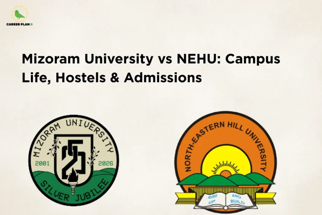 An infographic titled "Mizoram University vs NEHU: Campus Life, Hostels & Admissions" featuring the Career Plan B logo. The graphic displays the official circular silver jubilee emblem of Mizoram University on the bottom left and the official circular emblem of North-Eastern Hill University (NEHU) on the bottom right over a plain cream background.