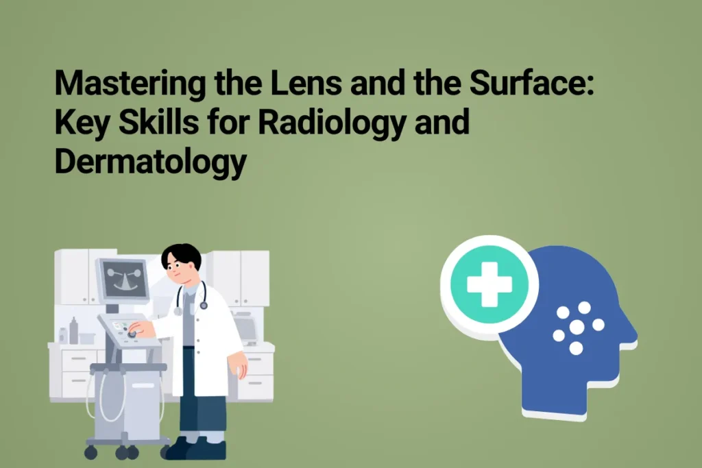 An infographic titled "Mastering the Lens and the Surface: Key Skills for Radiology and Dermatology" outlining essential medical competencies, featuring an illustration of a radiologist adjusting an advanced imaging machine on the left and a blue profile icon with a medical cross representing skin health on the right, set against a solid sage green background.
