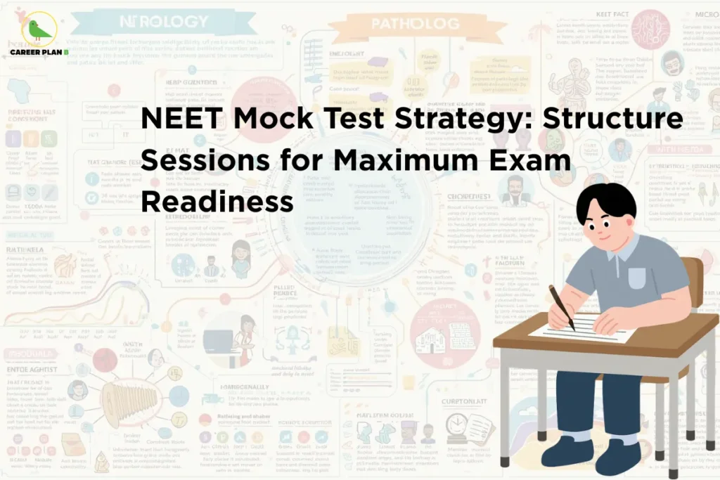 An infographic titled "NEET Mock Test Strategy: Structure Sessions for Maximum Exam Readiness" highlighting an ideal neet mock test strategy, featuring an illustration of a student focused on writing an exam at a school desk on the right, set against a background layered with dense medical and biological study diagrams.