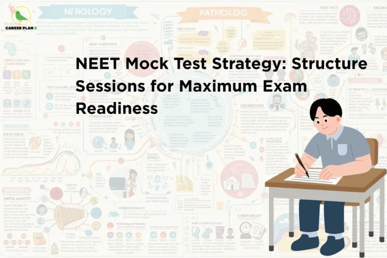 An infographic titled "NEET Mock Test Strategy: Structure Sessions for Maximum Exam Readiness" highlighting an ideal neet mock test strategy, featuring an illustration of a student focused on writing an exam at a school desk on the right, set against a background layered with dense medical and biological study diagrams.