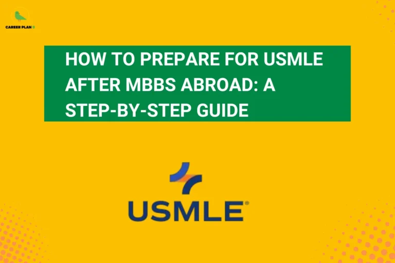 An infographic titled "HOW TO PREPARE FOR USMLE AFTER MBBS ABROAD: A STEP-BY-STEP GUIDE" featuring the Career Plan B logo. The graphic displays a large green text banner at the top with the official USMLE logo centered below it, all set against a bright yellow background with subtle halftone dot patterns in the corners.