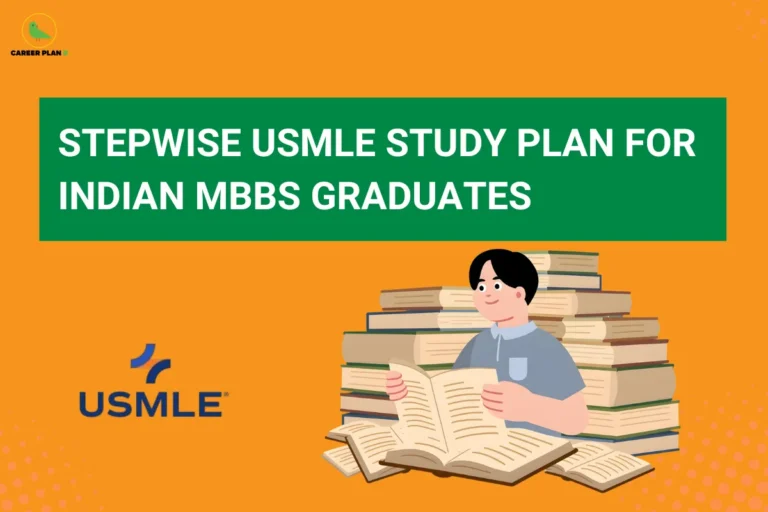An infographic titled "STEPWISE USMLE STUDY PLAN FOR INDIAN MBBS GRADUATES" featuring the Career Plan B logo. The graphic displays a large green text banner at the top, the official USMLE logo on the bottom left, and an illustration of an MBBS student sitting amid large stacks of books while deeply focused on reading an open book in the center, all set against a vibrant orange background.