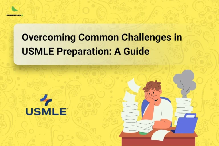 An infographic titled "Overcoming Common Challenges in USMLE Preparation: A Guide" highlighting various usmle preparation challenges, featuring an illustration of an exhausted student resting his head on his hand at a desk surrounded by overflowing stacks of paperwork and a laptop emitting a puff of smoke, alongside the official USMLE logo on the bottom left, all set against a textured yellow background with traditional mandala line art patterns.
