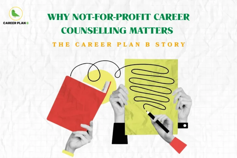 Career Plan B infographic titled "WHY NOT-FOR-PROFIT CAREER COUNSELLING MATTERS" featuring a secondary headline "THE CAREER PLAN B STORY", with an artistic collage showing hands holding a red open book and a green sheet of paper with looping black lines connecting them as a hand draws with a pencil over a crinkled white paper background.
