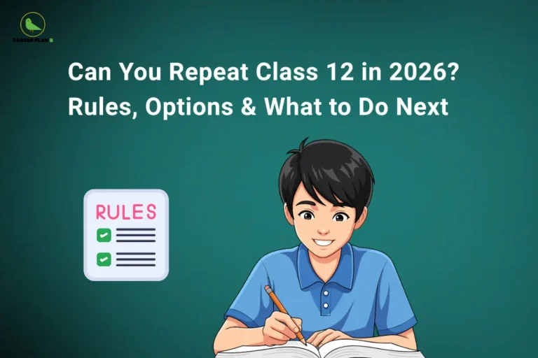 The Career Plan B logo, featuring a green bird inside a yellow circle, appears in the top-left corner. The image headline reads "Can You Repeat Class 12 in 2026? Rules, Options & What to Do Next" in large, bold white text on a dark teal gradient background. On the left, a checklist titled "RULES" with green checkmarks represents eligibility requirements and official guidelines. On the right, an illustration of a smiling student writing in an open notebook symbolizes preparing to reappear for Class 12 examinations. The overall design represents a guide explaining whether students can repeat Class 12 in 2026, covering the applicable rules, available options, and recommended next steps for improving academic results or pursuing future educational opportunities.