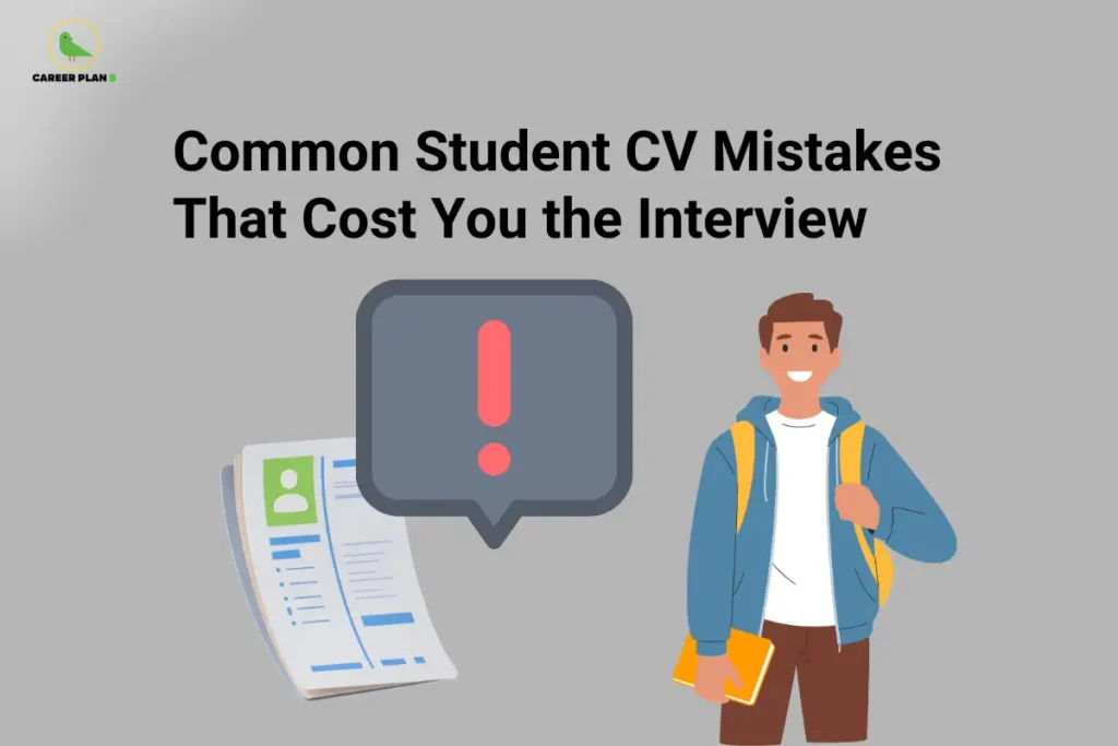 The Career Plan B logo, featuring a green bird inside a yellow circle, appears in the top-left corner. The image headline reads "Common Student CV Mistakes That Cost You the Interview" in large, bold black text on a light gray background. At the center, a large warning icon with a red exclamation mark highlights common resume errors and red flags. On the left, a stack of CVs or resumes symbolizes job applications and student profiles. On the right, an illustration of a student carrying a backpack and notebook represents fresh graduates and job seekers preparing for internships or entry-level roles. The overall design represents a guide that identifies common CV mistakes made by students and explains how avoiding these errors can improve their chances of securing interviews and employment opportunities.